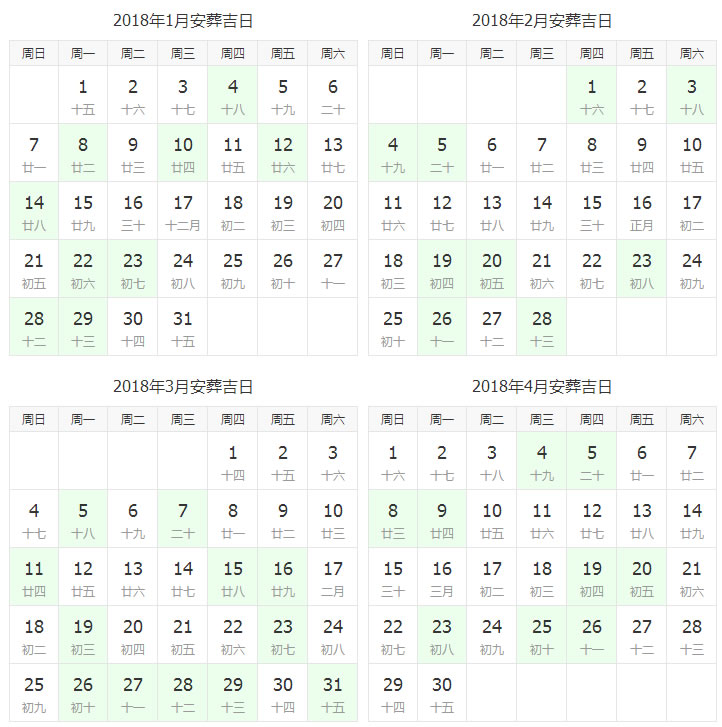 2018年1月2月3月4月安葬吉日